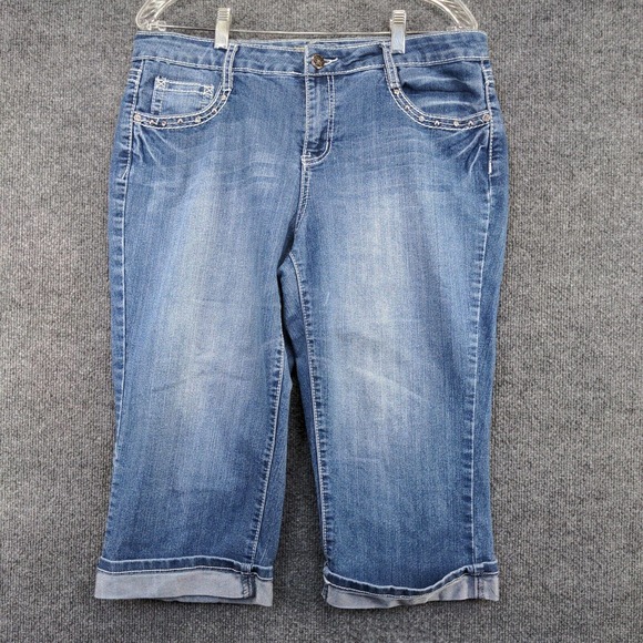 Earl Jean Women's Straight Leg Capri Jeans v 12 Stone Cuffed Hem Embellished - Picture 2 of 10